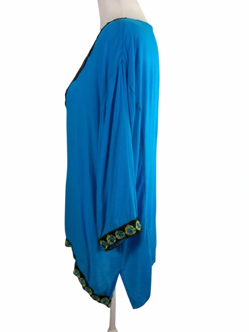 Anji Blue Embroidered Boho Top | Lightweight Flowy Tunic Chic Statement Blouse S